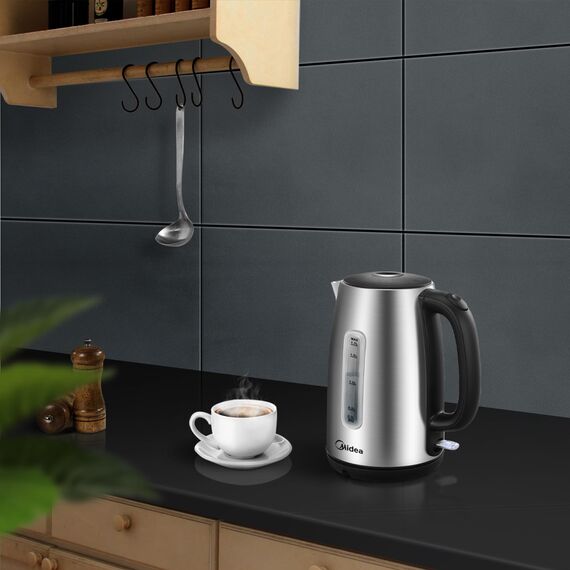 Midea Wasserkocher Edelstahl 1.7L, BPA-freier Wasserkocher, 2200W Schnellkochfunktion, Kettle mit Wasserstandsanzeige, LED-Leuchtanzeige, 360°-Basis, Trockenlaufschutz, MKE17M1ADS