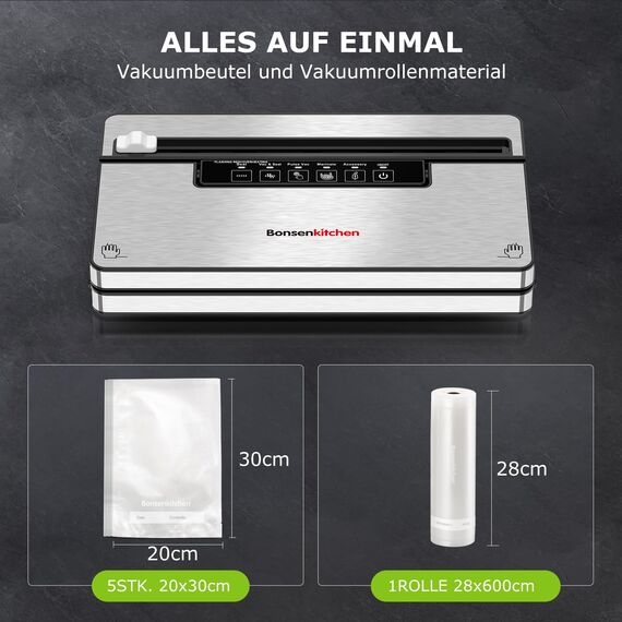 Bonsenkitchen Vakuumierer, Stark Vakuumiergerät mit 5 Modi, 8 L/Min, Globefish-Technologie für Kontinuierliches Arbeiten mit Hoher Geschwindigkeit, Enthält 5 Vakuumbeutel und 1 Rollbeutel