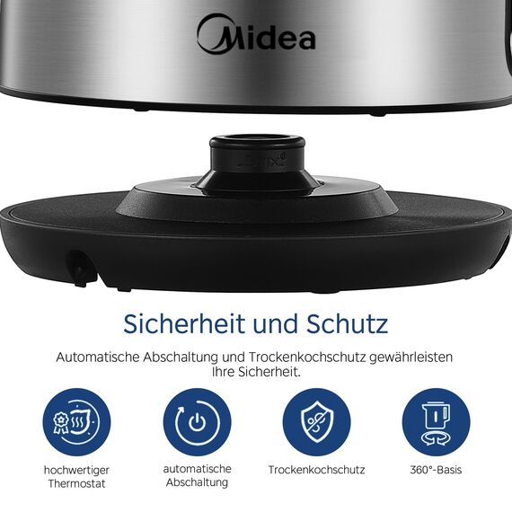 Midea Wasserkocher Edelstahl 1.7L, BPA-freier Wasserkocher, 2200W Schnellkochfunktion, Kettle mit Wasserstandsanzeige, LED-Leuchtanzeige, 360°-Basis, Trockenlaufschutz, MKE17M1ADS