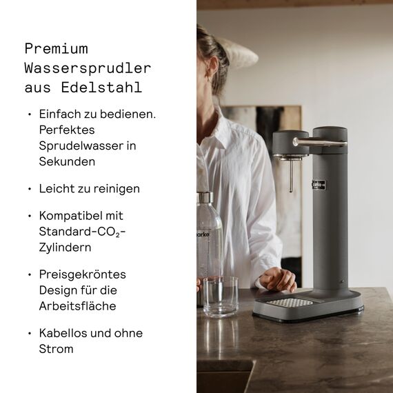 Aarke Carbonator 3, Wassersprudler aus Edelstahl im modernen Mattgrau Finish mit BPA-freier 1L PET-Flasche, Sprudelwasserbereiter für Leitungswasser, kompatibel mit 60L CO2-Zylindern