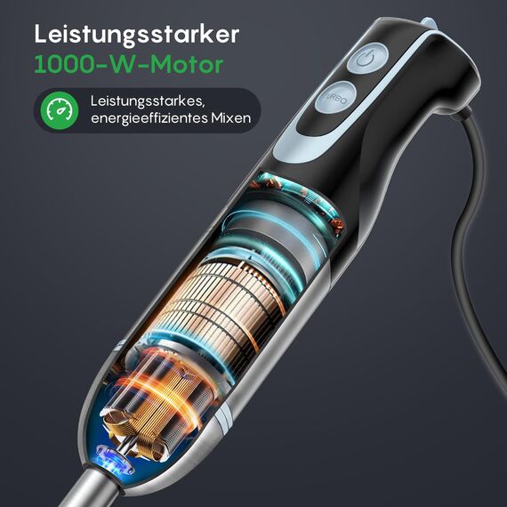 FRESKO Stabmixer, 1000W Edelstahl pürierstab mit 12 Geschwindigkeitsstufen, TURBO-Taste, 700ml Becher mit Deckel für die Zubereitung von Soße, Babynahrung und Suppe