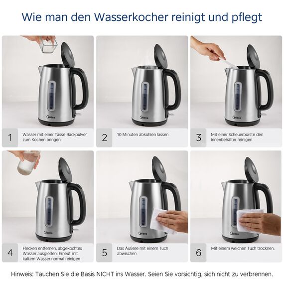 Midea Wasserkocher Edelstahl 1.7L, BPA-freier Wasserkocher, 2200W Schnellkochfunktion, Kettle mit Wasserstandsanzeige, LED-Leuchtanzeige, 360°-Basis, Trockenlaufschutz, MKE17M1ADS