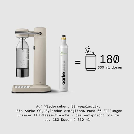 Aarke Carbonator 3, Wassersprudler aus Edelstahl im modernen Sand Finish mit BPA-freier 1L PET-Flasche, Sprudelwasserbereiter für Leitungswasser, kompatibel mit 60L CO2-Zylindern