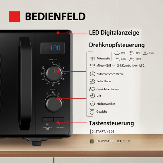 Toshiba MW2-AG23PF(BK) Mikrowelle / 3-in-1 Mikrowelle mit Grill & Kombi-Funktion/Freistehend / 23L / 900W / 1000W Grill/energiesparender ECO-Funktion/Drehteller mit Positionsspeicher/Schwarz