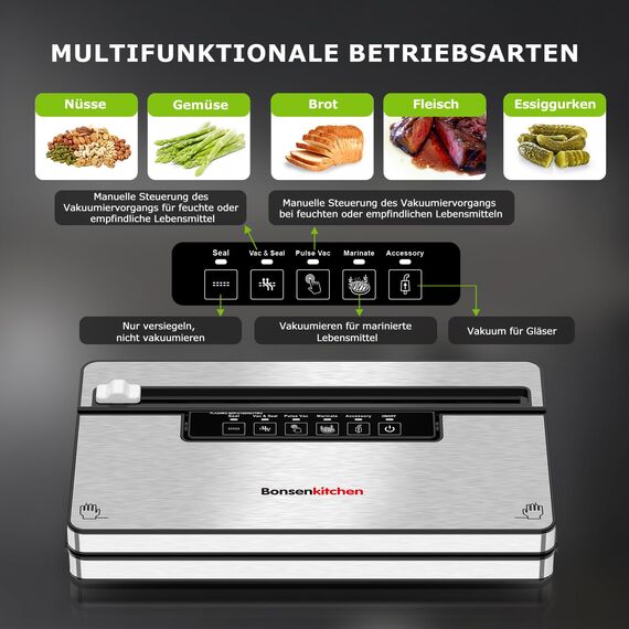 Bonsenkitchen Vakuumierer, Stark Vakuumiergerät mit 5 Modi, 8 L/Min, Globefish-Technologie für Kontinuierliches Arbeiten mit Hoher Geschwindigkeit, Enthält 5 Vakuumbeutel und 1 Rollbeutel