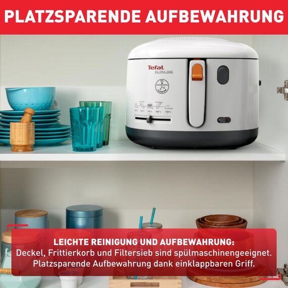 Tefal Fritteuse mit Ölfilter geruchsarm, wärmeisoliert sicher zum Anfassen, kompakt einklappbare Griffe, 150-190°C einstellbar, spülmaschinenfest, für Pommes Nuggets Snacks, antihaftbeschichtet