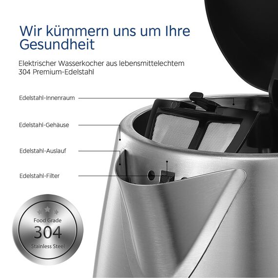 Midea Wasserkocher Edelstahl 1.7L, BPA-freier Wasserkocher, 2200W Schnellkochfunktion, Kettle mit Wasserstandsanzeige, LED-Leuchtanzeige, 360°-Basis, Trockenlaufschutz, MKE17M1ADS