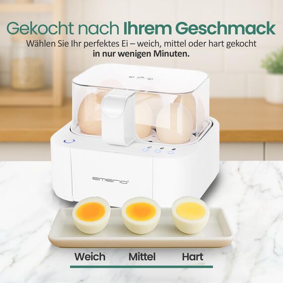 EMERIO ausgezeichnet einzigartiger Eierkocher kocht alle drei Garstufen [weich|mittel|hart] in nur einem Kochvorgang mit perfektem Ergebnis und multilingualer Sprachausgabe in DE EN FR ES IT PL