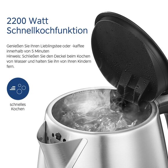 Midea Wasserkocher Edelstahl 1.7L, BPA-freier Wasserkocher, 2200W Schnellkochfunktion, Kettle mit Wasserstandsanzeige, LED-Leuchtanzeige, 360°-Basis, Trockenlaufschutz, MKE17M1ADS