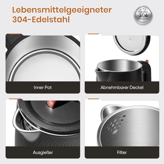 OLEGA Wasserkocher: 1800W Schnellaufheizender Elektrischer Teekessel BPA-freier 304 Edelstahl Elektrischer Wasserkocher mit Automatischer Abschaltung und Trockengehschutz Perfekt für die Familie 1.8L