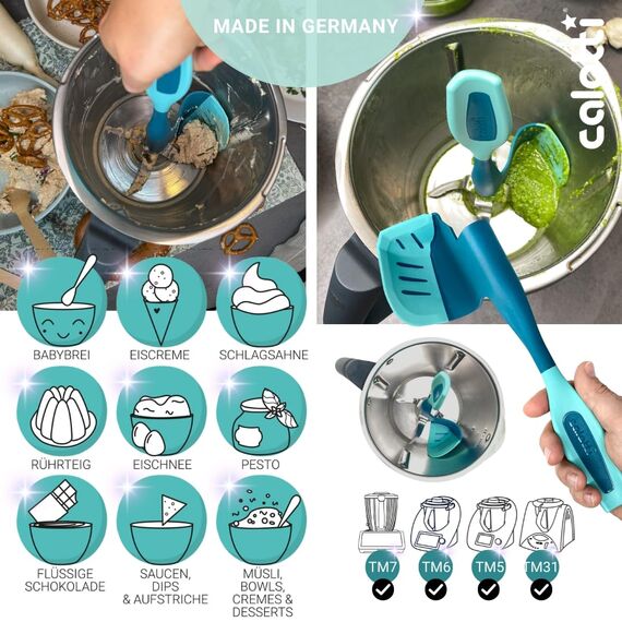 Calotti® Drehkellenspatel Silikon +, für Thermomix® TM7®,TM6®,TM5® und TM31®. Einfaches Aufnehmen von Mixgut dank flexibler Silikonflanke und patentierter Zentrierfunktion - Made in Germany