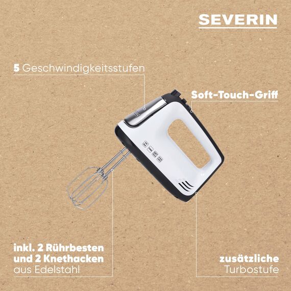 SEVERIN Handmixer, Handrührgerät mit 5 Geschwindigkeitsstufen, praktischer Handrührer mit 2 Edelstahl-Rührbesen und -Knethaken, 400 W, weiß-schwarz / Edelstahl, HM 3830