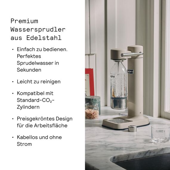 Aarke Carbonator 3, Wassersprudler aus Edelstahl im modernen Sand Finish mit BPA-freier 1L PET-Flasche, Sprudelwasserbereiter für Leitungswasser, kompatibel mit 60L CO2-Zylindern