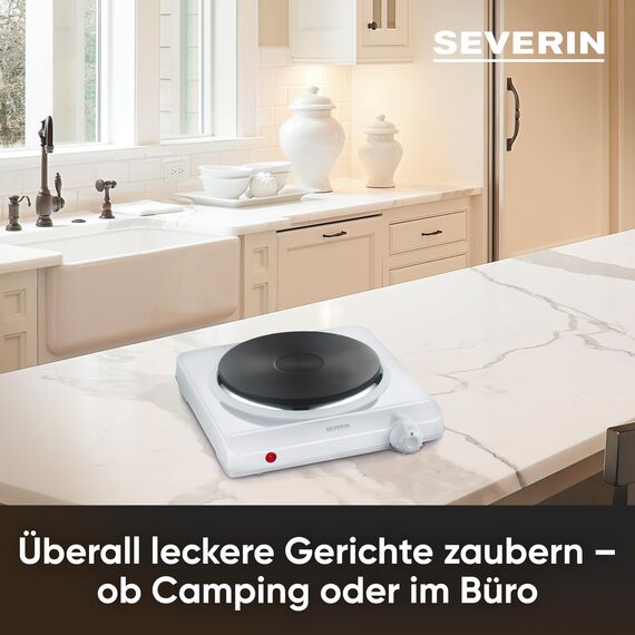 Severin Kochplatte für Küche, Büro oder Camping, kleine Herdplatte mit stufenloser Temperatureinstellung, Campingkocher für einen Topf, weiß, single, 1.500 W, KP 1091