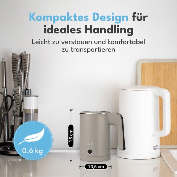 LEBENLANG Edelstahl Reisewasserkocher Klein - 500ml & BPA-Frei I 600W Mini Wasserkocher Klein Khaki für Reisen 0 5 0,5 l I Energiesparend & Energieeffizienz I Kleiner Camping Wasserkocher Reise
