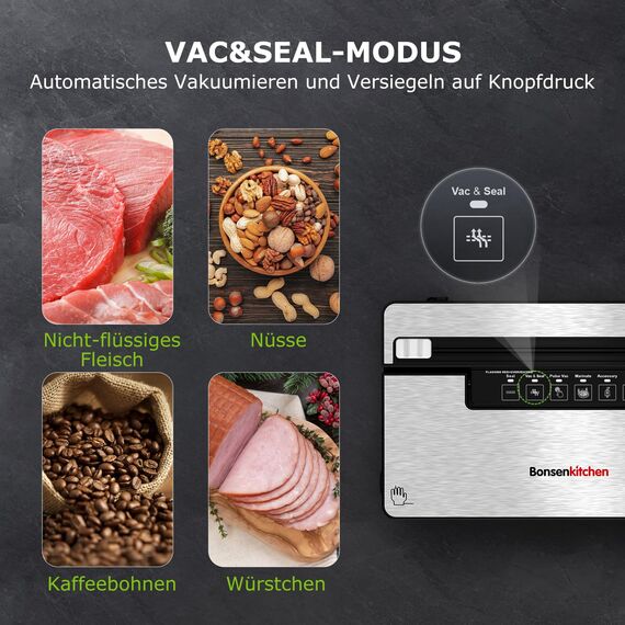 Bonsenkitchen Vakuumierer, Stark Vakuumiergerät mit 5 Modi, 8 L/Min, Globefish-Technologie für Kontinuierliches Arbeiten mit Hoher Geschwindigkeit, Enthält 5 Vakuumbeutel und 1 Rollbeutel