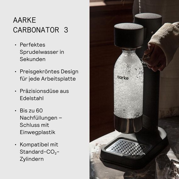 Aarke Carbonator 3, Premium Wassersprudler, Mattschwarz Finish + Aarke 60L CO2-Zylinder, 100% erneuerbares CO2