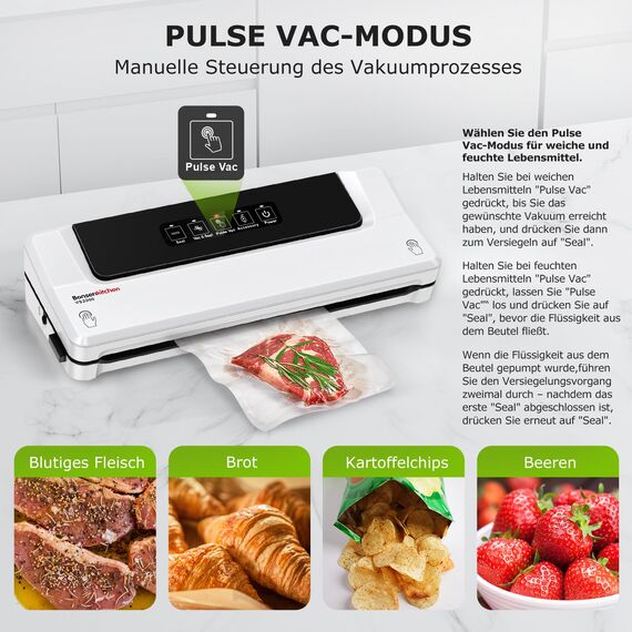 Bonsenkitchen Vakuumiergerät, Vakuumierer für kontinuierliches Arbeiten mit hoher Geschwindigkeit, Folienschweißgerät für Lebensmittel, inkl. 5 Vakuumier-Beutel und Schlauch (Weiß)