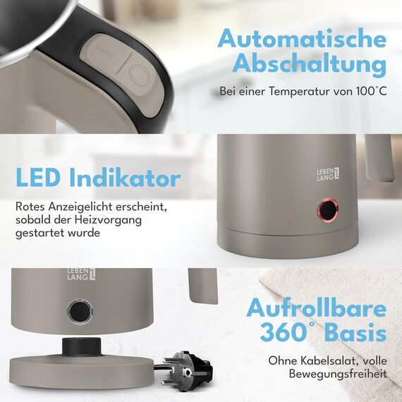 LEBENLANG Edelstahl Reisewasserkocher Klein - 500ml & BPA-Frei I 600W Mini Wasserkocher Klein Khaki für Reisen 0 5 0,5 l I Energiesparend & Energieeffizienz I Kleiner Camping Wasserkocher Reise