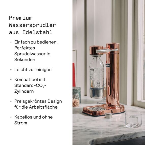 Aarke Carbonator 3, Wassersprudler aus Edelstahl im modernen Kupfer Finish mit BPA-freier 1L PET-Flasche, Sprudelwasserbereiter für Leitungswasser, kompatibel mit 60L CO2-Zylindern