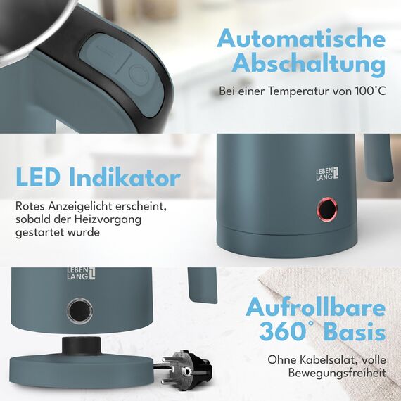 LEBENLANG Reise Wasserkocher Edelstahl Klein 0 5 Liter & BPA-Frei - Reisewasserkocher klein 600W Energiesparend Energieeffizienz - Camping Kettle Kleiner Mini Wasserkocher Blau 0.5 0,5 l für Reisen