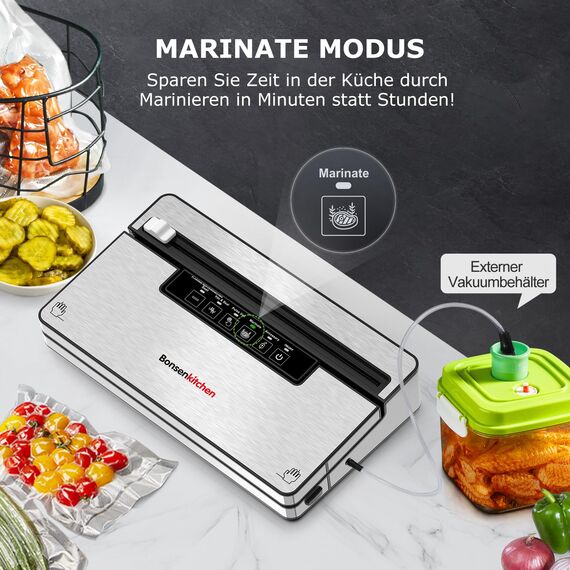 Bonsenkitchen Vakuumierer, Stark Vakuumiergerät mit 5 Modi, 8 L/Min, Globefish-Technologie für Kontinuierliches Arbeiten mit Hoher Geschwindigkeit, Enthält 5 Vakuumbeutel und 1 Rollbeutel