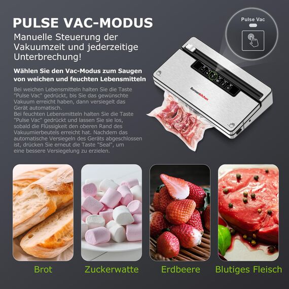 Bonsenkitchen Vakuumierer, Stark Vakuumiergerät mit 5 Modi, 8 L/Min, Globefish-Technologie für Kontinuierliches Arbeiten mit Hoher Geschwindigkeit, Enthält 5 Vakuumbeutel und 1 Rollbeutel