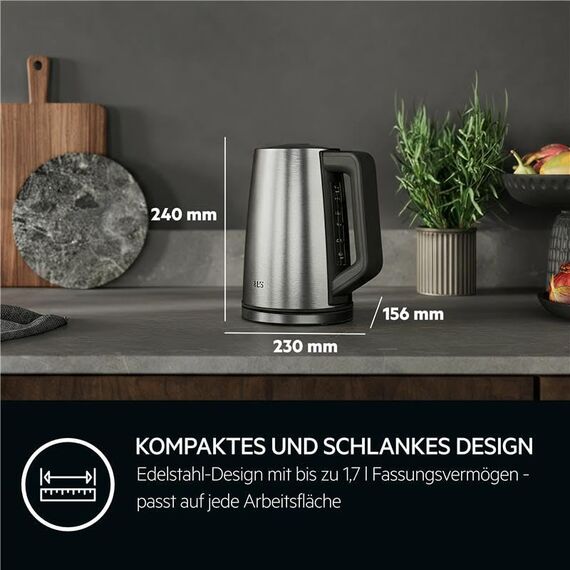 AEG Wasserkocher Deli 5, 2400 Watt, 5 Einstellbare Temperaturstufen, 1,7 l, 3-fache Automatische Sicherheitsabschaltung, Anti-Tropf- und Warmhaltefunktion, Einhand-Deckelöffnung, Edelstahl, K5-1-6ST