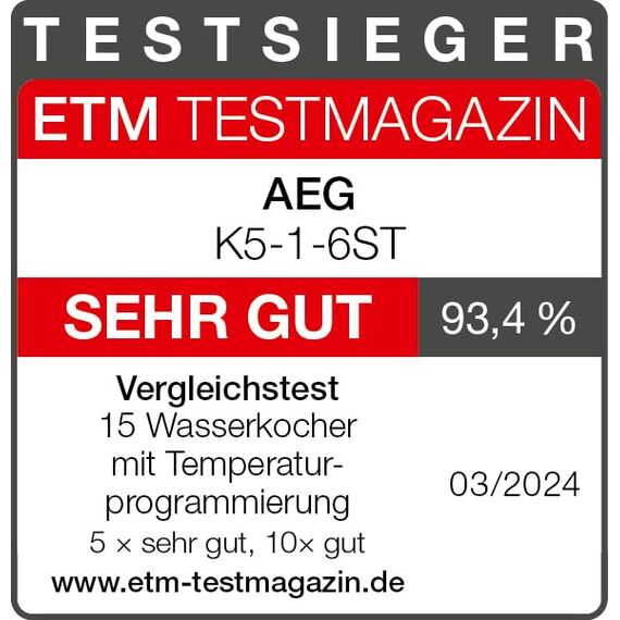 AEG Wasserkocher Deli 5, 2400 Watt, 5 Einstellbare Temperaturstufen, 1,7 l, 3-fache Automatische Sicherheitsabschaltung, Anti-Tropf- und Warmhaltefunktion, Einhand-Deckelöffnung, Edelstahl, K5-1-6ST