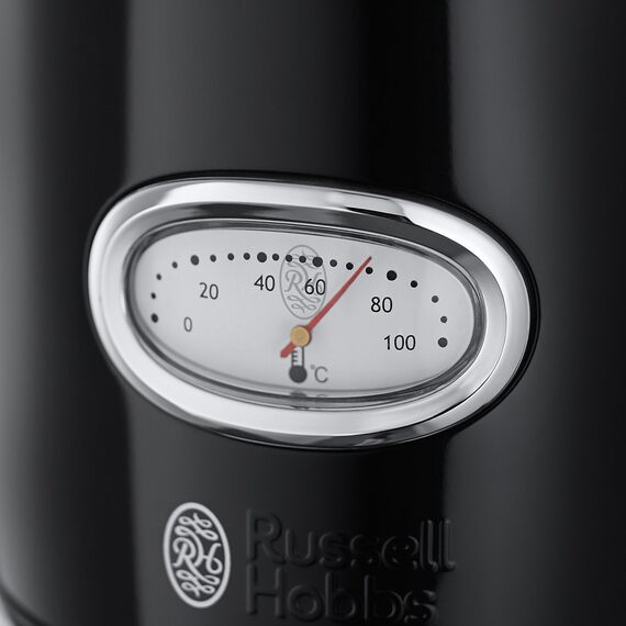 Russell Hobbs Wasserkocher [1,7l, 2400W] Retro Schwarz & polierter Edelstahl (Schnellkochfunktion, Wassertemperaturanzeige im Retrodesign, außenliegende Wasserstandsanzeige) Teekocher 21671-70