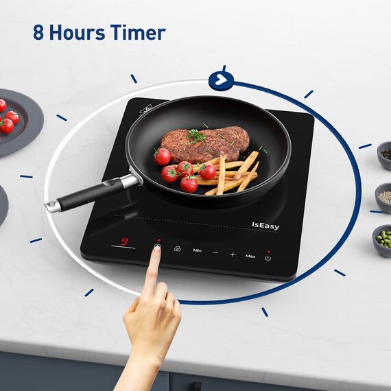 Induktionskochfeld 1 Platte, IsEasy Einzel Induktionskochplatte 2100W, 28cm kochplatte, Tragbares mit Kindersicherung, 9 Heizstufen, 8-Stunden-Timer, Max/Min-Funktion, Schwarz