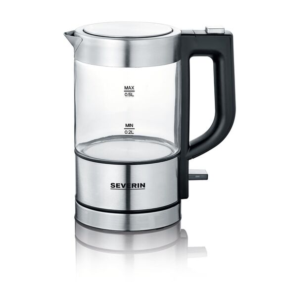 SEVERIN Mini Glas Wasserkocher 0,5 L, leistungsstark und kompakt in hochwertigem Design, elektrischer Wasserkocher mit Kalkfilter, Edelstahl/schwarz, WK 3472
