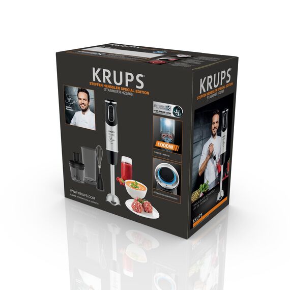 Krups Perfect Mix 8500 Stabmixer, Blender, 1000 Watt, Edelstahlfuß, 4 extra scharfe Messer, Powelix Technologie, Schneebesen, 500 ml Zerkleinerer, 800 ml Messbecher, Schwarz-Silber, HZ6568