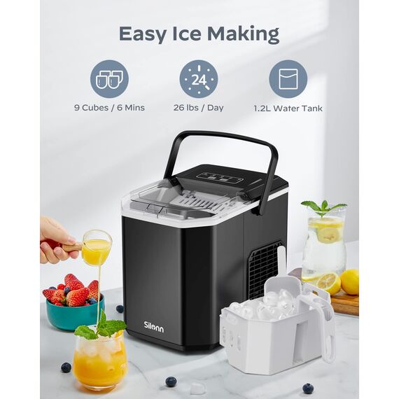 Silonn Eiswürfelmaschine mit Griff-Eiswürfelkorb – Tragbar & Selbstreinigend, Mini Ice Maker 9 Eiswürfel/6 Min. 12 KG/Tag, Eiswürfel einfach entnehmen und überall nutzen