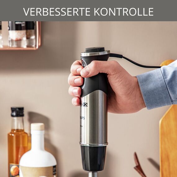 Krups Perfect Mix 8500 Stabmixer, Blender, 1000 Watt, Edelstahlfuß, 4 extra scharfe Messer, Powelix Technologie, Schneebesen, 500 ml Zerkleinerer, 800 ml Messbecher, Schwarz-Silber, HZ6568
