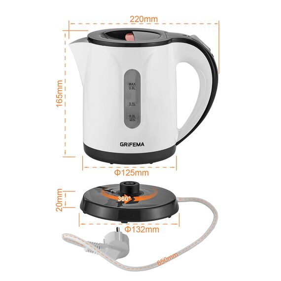 GRIFEMA Wasserkocher Klein, 0,8L, 1100W - Teekocher Elektrisch mit Kalkfilter, Kettle Leise, Schnell, Wasserkocher BPA-Frei, Reisewasserkocher Automatische Abschaltung, Überhitzungsschutz, Weiß