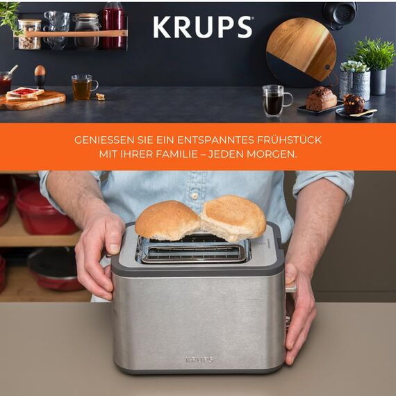 Krups KH442D Control Line Premium Toaster, Edelstahl, 2 kurze Schlitze für 2 Scheiben, Brötchenaufsatz, 6 Bräunungsgrade, 850 W, 23.6 x 32.4 x 20.2 cm, Silber/ Schwarz