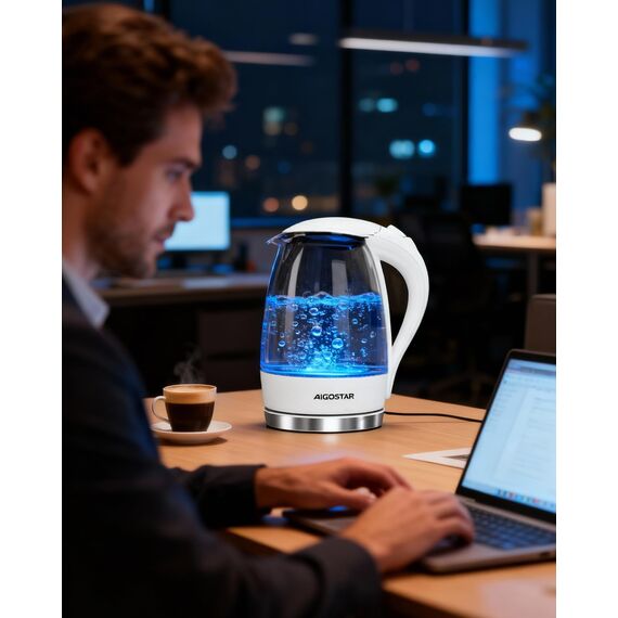 Aigostar Glas Elektrischer Wasserkocher Weiß 1,7 Liter - Schnell Kochendes Glaswasserkocher 2200W, LED-Beleuchtung, Verdicktes Borosilikatglas, BPA-frei, mit kalkfilter, Automatische Abschaltung