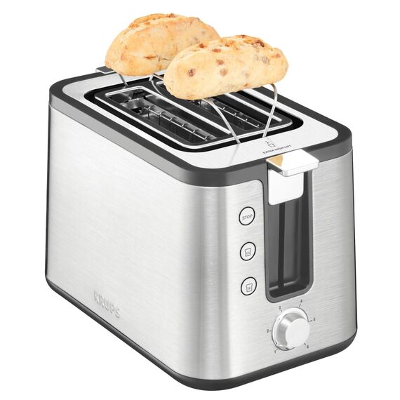 Krups KH442D Control Line Premium Toaster, Edelstahl, 2 kurze Schlitze für 2 Scheiben, Brötchenaufsatz, 6 Bräunungsgrade, 850 W, 23.6 x 32.4 x 20.2 cm, Silber/ Schwarz