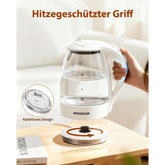 Aigostar Glas Elektrischer Wasserkocher Weiß 1,7 Liter - Schnell Kochendes Glaswasserkocher 2200W, LED-Beleuchtung, Verdicktes Borosilikatglas, BPA-frei, mit kalkfilter, Automatische Abschaltung