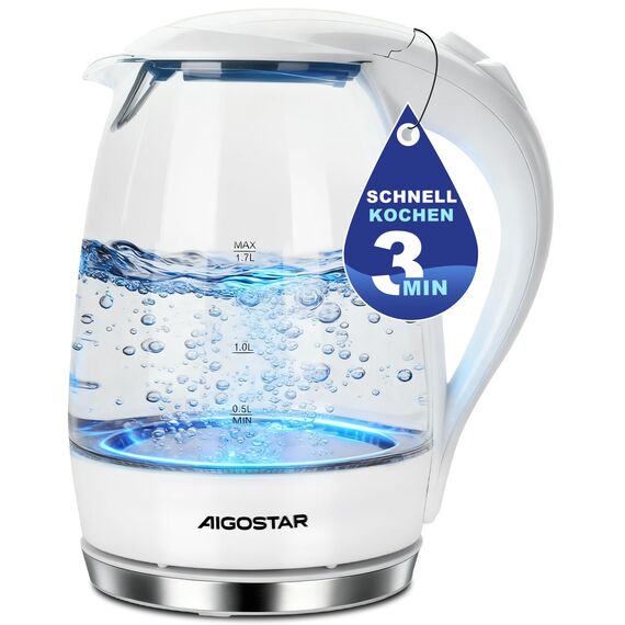 Aigostar Glas Elektrischer Wasserkocher Weiß 1,7 Liter - Schnell Kochendes Glaswasserkocher 2200W, LED-Beleuchtung, Verdicktes Borosilikatglas, BPA-frei, mit kalkfilter, Automatische Abschaltung