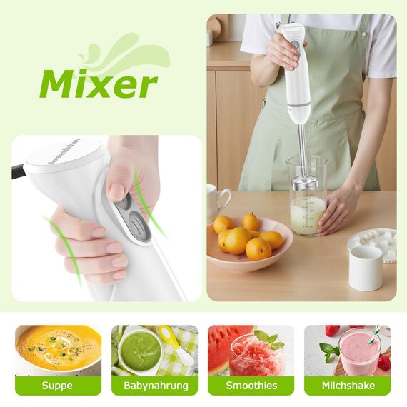Bonsenkitchen Pürierstab, 1000W Edelstahl Elektrischer Stabmixer, 2 Geschwindigkeitsstufen, Stabmixer Set，mit Lebensmittelhacker, Messbecher und Schneebesen, für Babynahrung, Suppen, Smoothies, Weiß