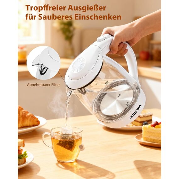 Aigostar Glas Elektrischer Wasserkocher Weiß 1,7 Liter - Schnell Kochendes Glaswasserkocher 2200W, LED-Beleuchtung, Verdicktes Borosilikatglas, BPA-frei, mit kalkfilter, Automatische Abschaltung