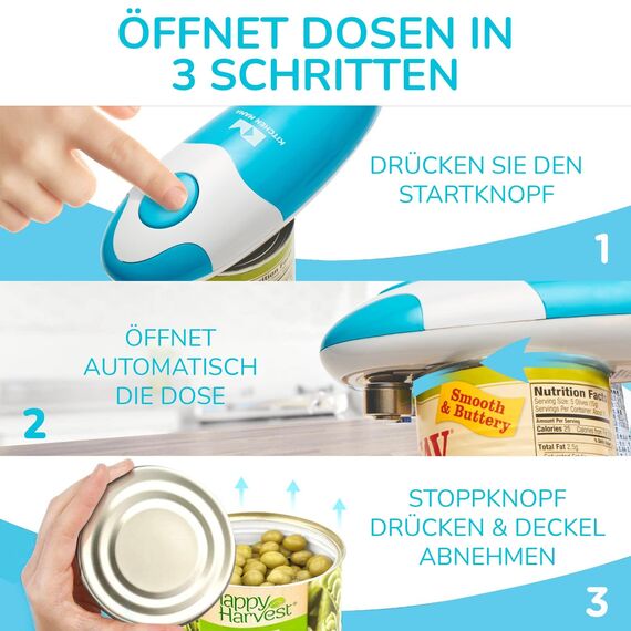 Elektrischer Dosenöffner Auto von Kitchen Mama: Öffnen Sie Ihre Konservendosen einfach per Knopfdruck – automatisch, freihändig, mit glattem Rand, lebensmittelecht, batteriebetrieben (Himmelblau)