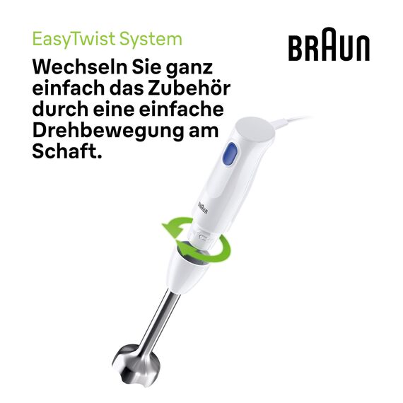 Braun Stabmixer MQ10.001M MultiQuick 1 - Extra Leichter Pürierstab mit Edelstahl-Mixfuß und EasyTwist System, inkl. 600 ml Mix- & Messbecher, 450 Watt, Weiß