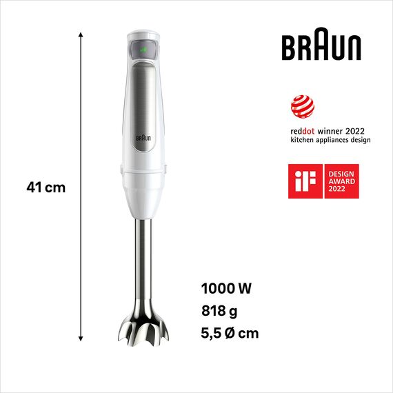 Braun Stabmixer MultiQuick 7 MQ 7020 WH - Elektrischer mit stufenlose Geschwindigkeitseinstellung, 2-teiliges Zubehör-Set, 1000 Watt, Weiß