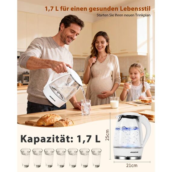 Aigostar Glas Elektrischer Wasserkocher Weiß 1,7 Liter - Schnell Kochendes Glaswasserkocher 2200W, LED-Beleuchtung, Verdicktes Borosilikatglas, BPA-frei, mit kalkfilter, Automatische Abschaltung