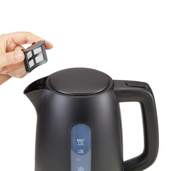 Amazon Basics Wasserkocher 1,7L, 2200 W, BPA-frei mit 360° Basis, Automatische Abschaltung und Herausnehmbarem Kalkfilter, Mattschwarz