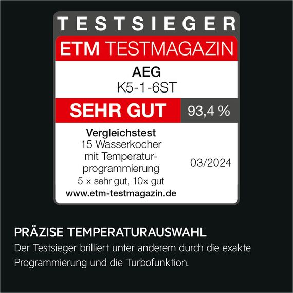 AEG Wasserkocher Deli 5, 2400 Watt, 5 Einstellbare Temperaturstufen, 1,7 l, 3-fache Automatische Sicherheitsabschaltung, Anti-Tropf- und Warmhaltefunktion, Einhand-Deckelöffnung, Edelstahl, K5-1-6ST