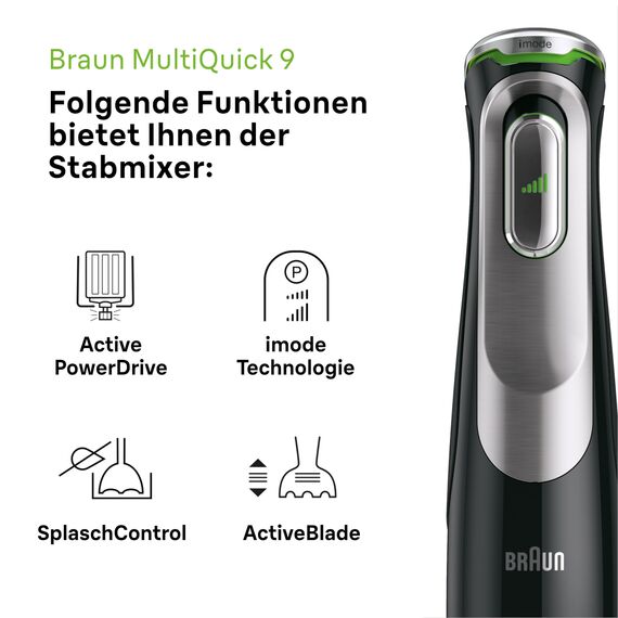 Braun MultiQuick 9 - Stabmixer mit SplashControl-Technologie, Präzise Geschwindigkeitsregelung, Active PowerDrive, Standmixer, Zerkleinerer, 600 ml Becher, 1200W, Schwarz (MQ9147X)